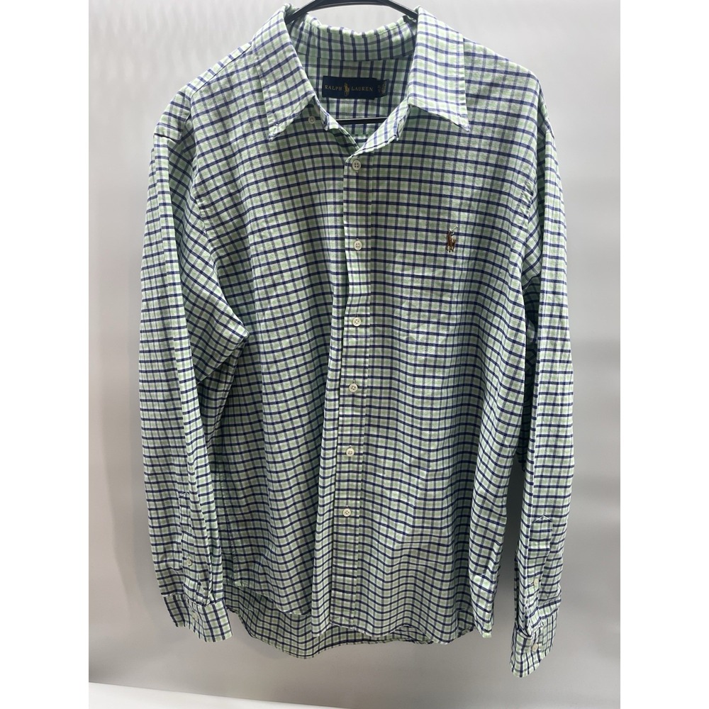 Ralph Lauren Shirt Men XL Green Oxford Plaid Long Sleeve Button Down Flesh Pony